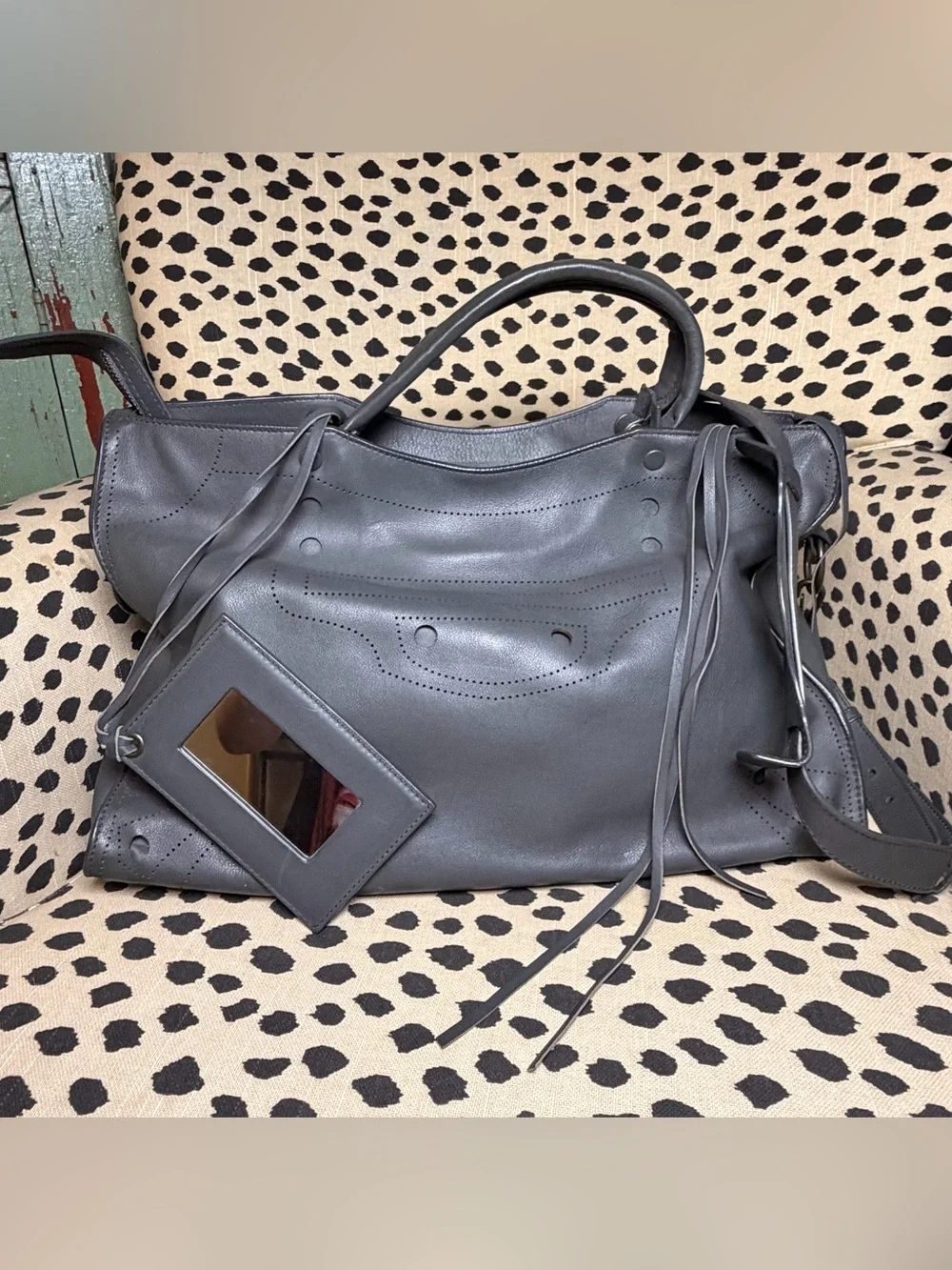 BALENCIAGA Veau Soyeux Perforated Blackout Hardware City Gris Fossile
